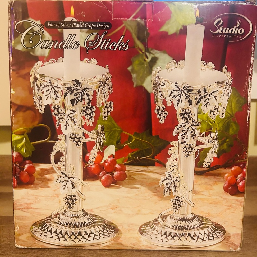 Vintage Pair of Silver Platted Grape Design Candle Sticks Holders 9.5”.